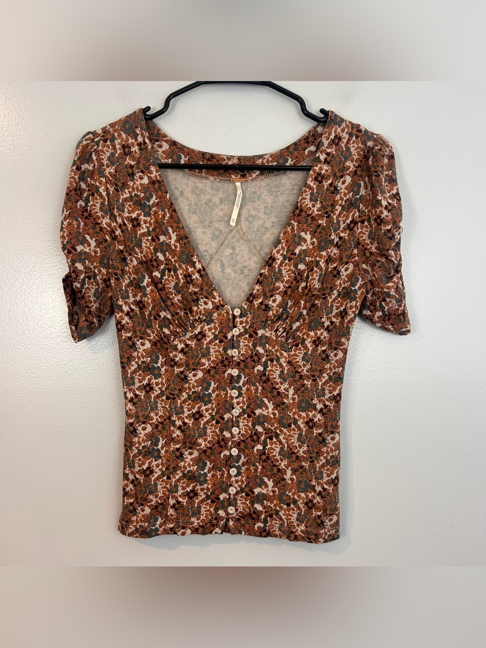 Free People Brown Disty Floral V-neck Short Puff Sleeve Button Front Top Size XS